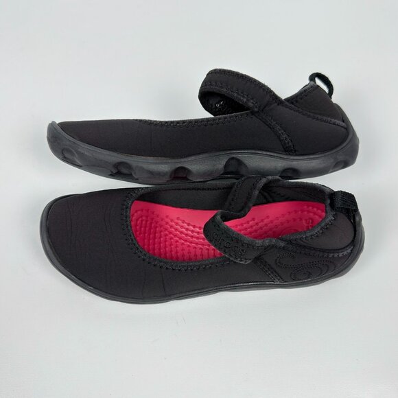 Crocs Girls Mary Jane Flats Black Pink Hook Loop Strap Size J2 Youth Shoes Kids - Picture 5 of 10